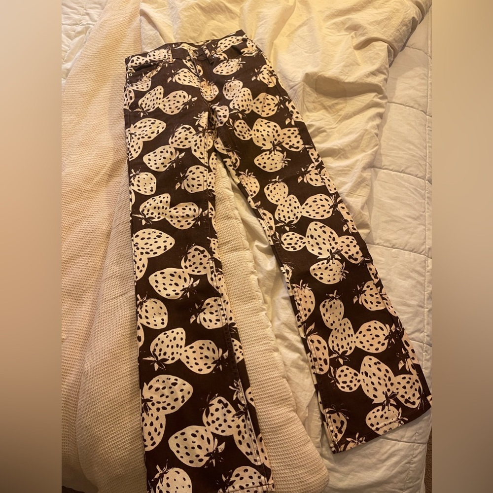brand new (no tags) size 24 strawberry-printed brown flare pants